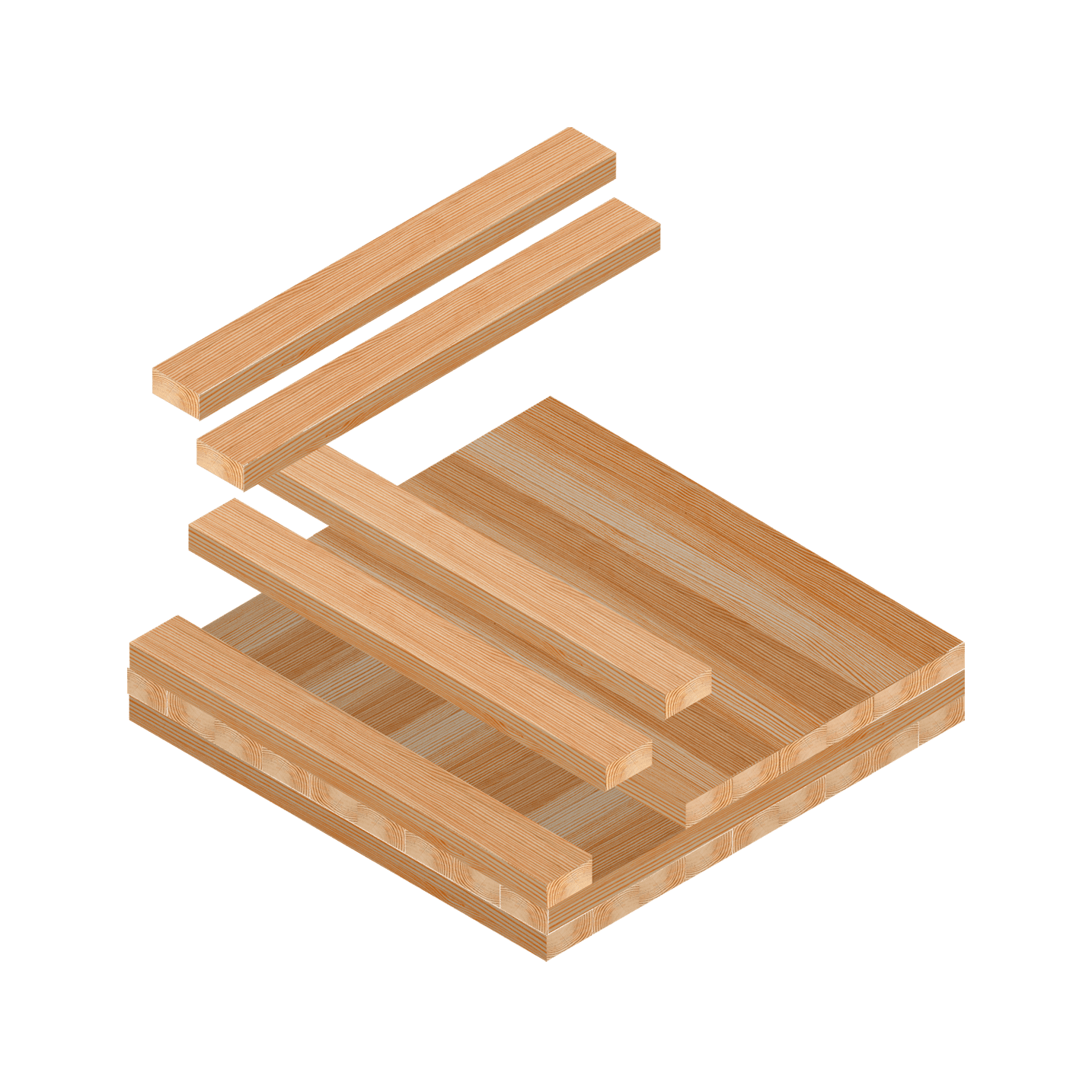 <p><strong>CLT (Cross Laminated Timber)</strong></p><ul><li><p><em>Recunoaștere:</em> Straturi de lemn masiv lipite <em>încrucișat</em> (la 90°). Arată ca un placaj uriaș și foarte gros.</p></li><li><p><em>Utilizare:</em> Pereți portanți și planșee masive.</p></li></ul><p></p>