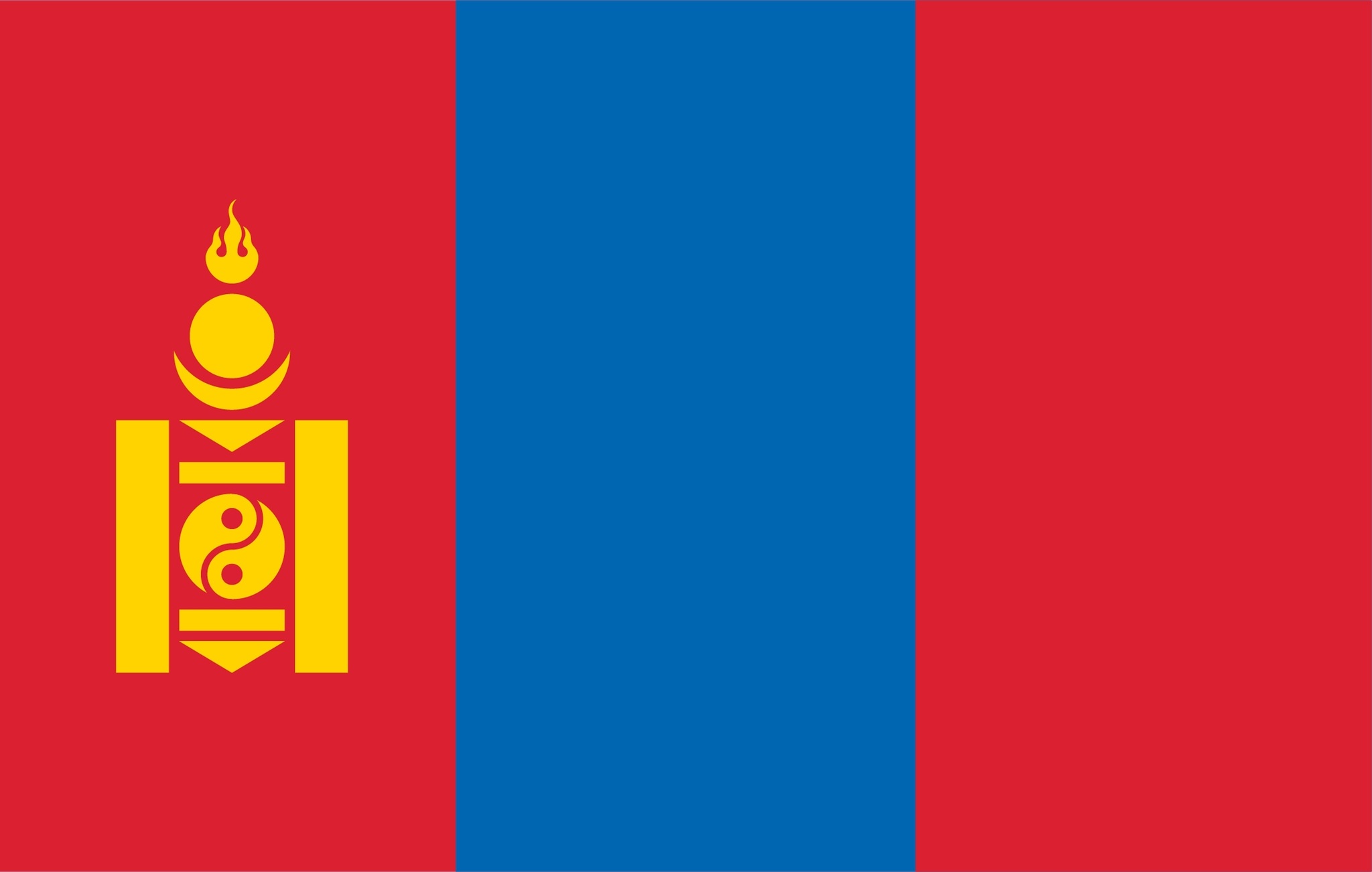 <p>The flag of Mongolia has three vertical stripes: red, blue, and red. The blue stripe in the middle represents the eternal sky. On the left red stripe, there is the Soyombo symbol, which represents freedom and independence. The flag reflects Mongolia’s history, culture, and strong national identity.</p>