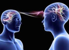 <p>One person sending thoughts to another or perceiving another's thoughts</p>