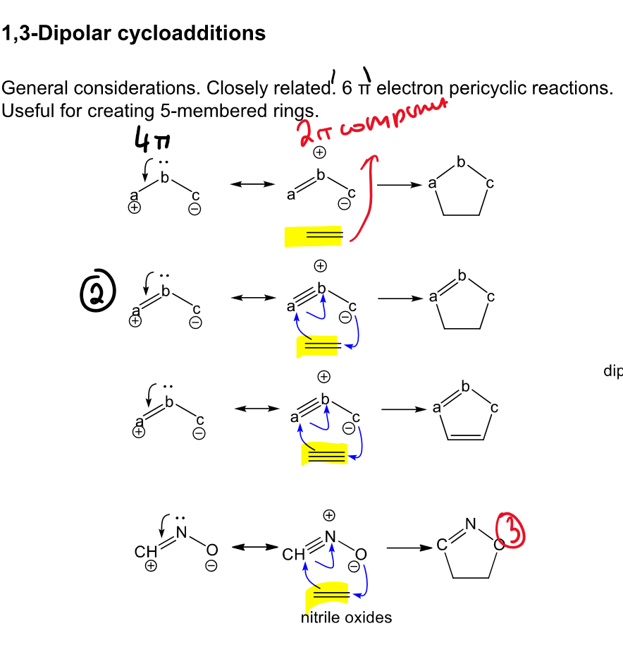 <p>A concerted pericyclic reaction between a <strong>4π 1,3-dipole</strong> and a <strong>2π alkene/alkyne (dipolarophile)</strong> that forms a <strong>5-membered heterocycle</strong>.</p>