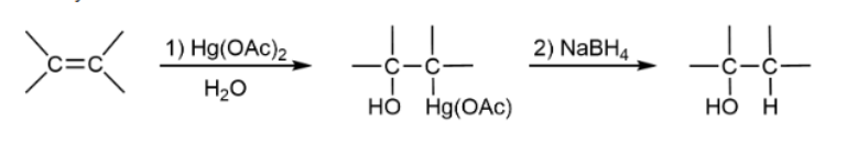 <p>adds and removes mercury to get OH and H on compound; anti-addition &amp; favors Markovnikov product; no rearrangment; heterolytic cleavages &amp; forms bridged intermediates</p>