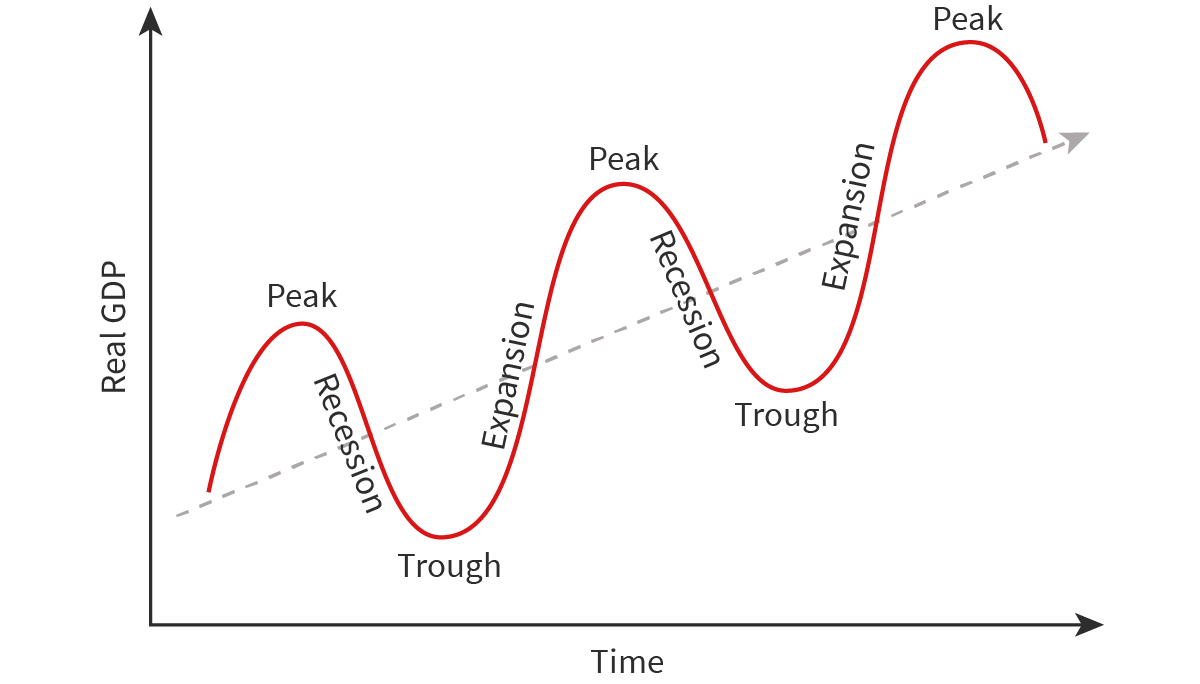 <p>The natural rise and fall of economic activity over time, showing changes in growth and decline in the economy.<br><strong>Example:</strong> Expansion (growth) → peak → contraction (decline) → trough (lowest point) → recovery.</p>