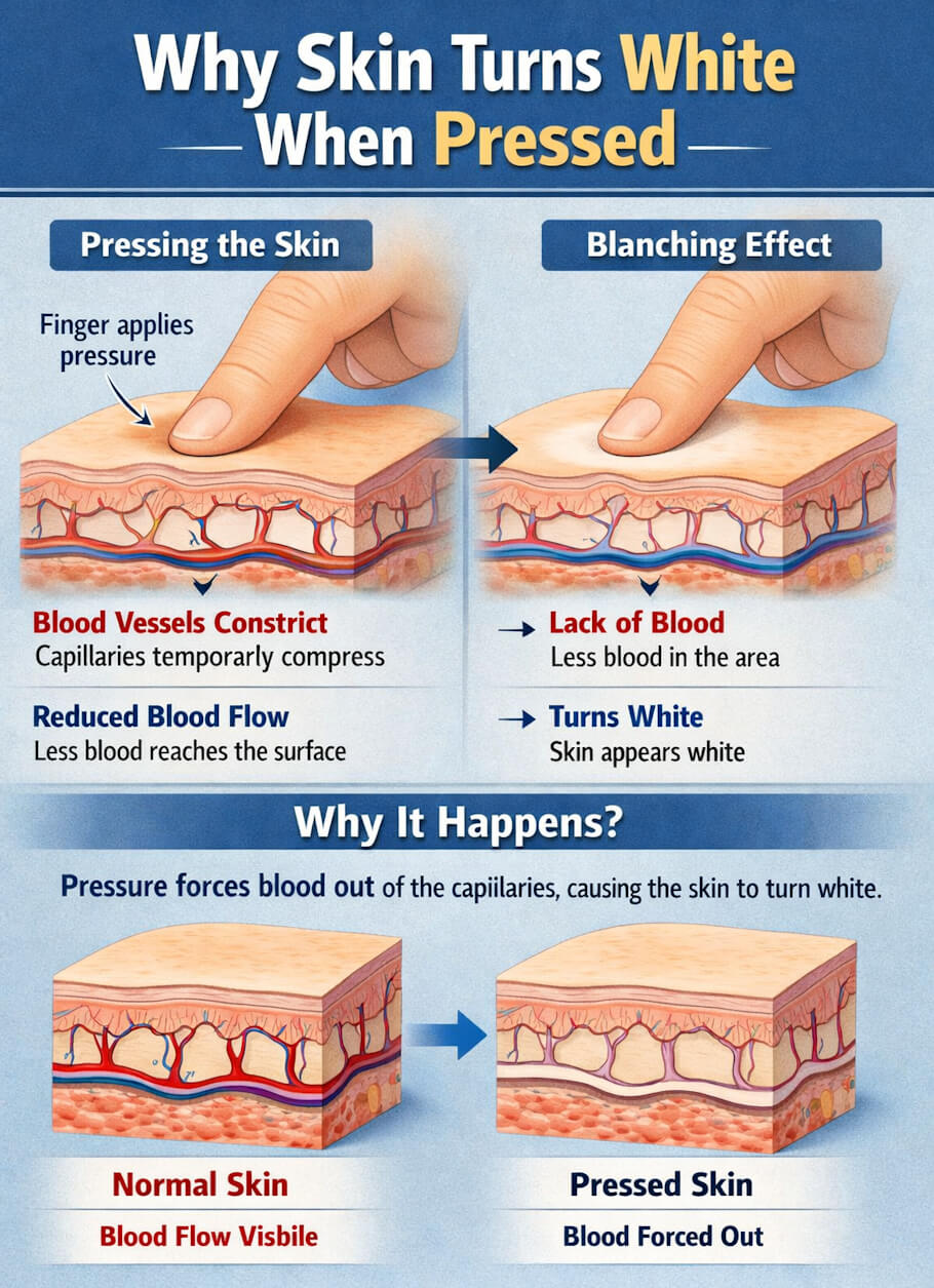 <p>a red or pink area of skin temporarily turns <strong>white or pale when you press on it</strong> then returns to red when you release the pressure</p><p>THIS IS HEALTHY</p>