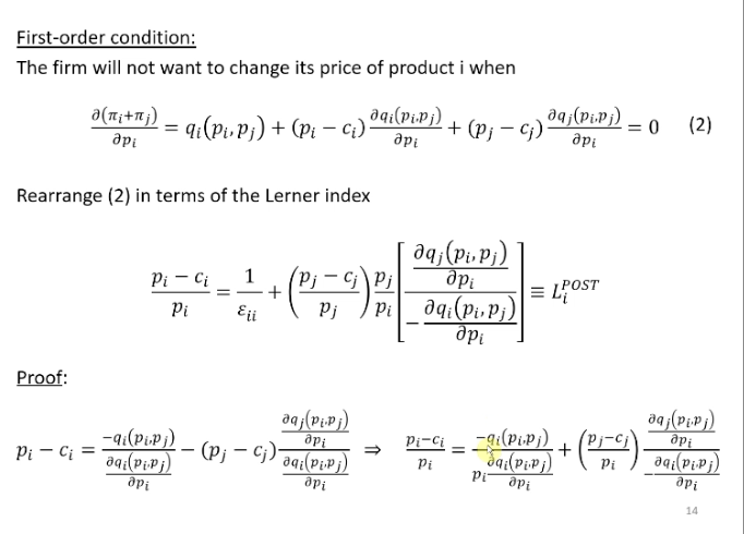 <p>Profit max of product I is given by a driveritative being set to 0 and then if we rearrange to get in terms of the Lerner index. The big horrible term is the GUPPI of firm I, the post Lerner index of firm I is the firm level own elasticity of demand + the GUPPI of firm I.</p>