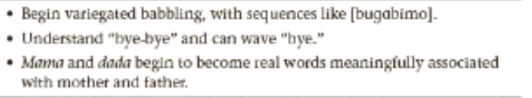 <p>Uses more varied babbling, understands familiar expressions like "bye-bye," and mama/dada gain meaning.</p>