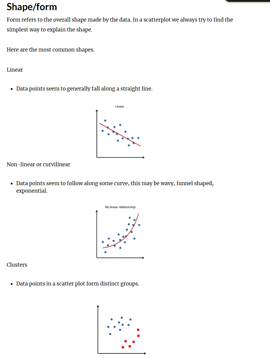 <p>Overall Pattern</p><ul><li><p>Direction - positive, negative neither (above) </p></li><li><p>Shape - Liner, non-liner, clusters (below)</p></li><li><p>Strength - Strong relationship, Weak relationship (google this)</p></li></ul><p></p><p>Deviations from pattern </p><ul><li><p>Outliers</p></li></ul><p></p>