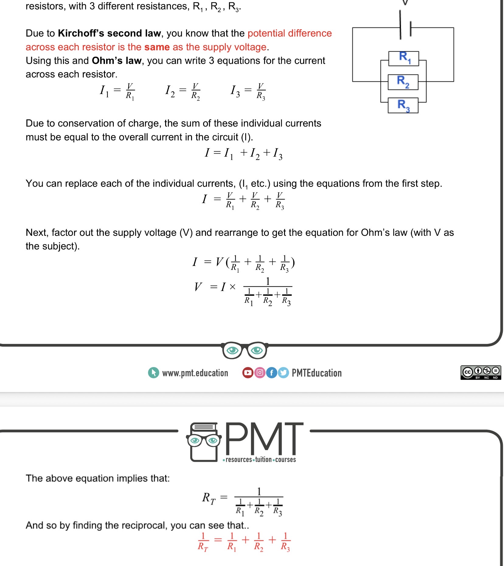 <p>The reciprocal of the total resistance is equal to the sum of the reciprocals of the individual resistances: $$\frac{1}{R_T} = \frac{1}{R_1} + \frac{1}{R_2} + \frac{1}{R_3} + \dots + \frac{1}{R_n}$$.</p>