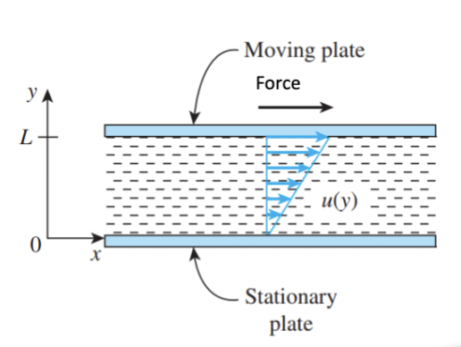 <p>First fluid layer attempts to drag adjacent fluid layer along with it due to friction force. Perpetuates throughout fluid</p><p>Bottom layer is “stuck” to the stationary plate due to friction → No Slip Condition</p>