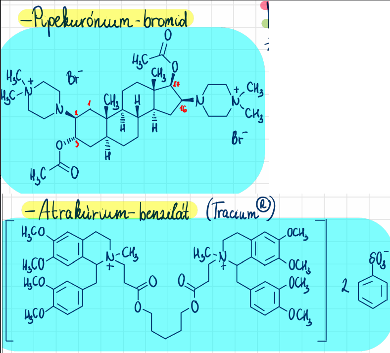 <p>atrakúrium-bezilát (Tracrium) <br>pipekurónium-bromid (Arduan)</p>