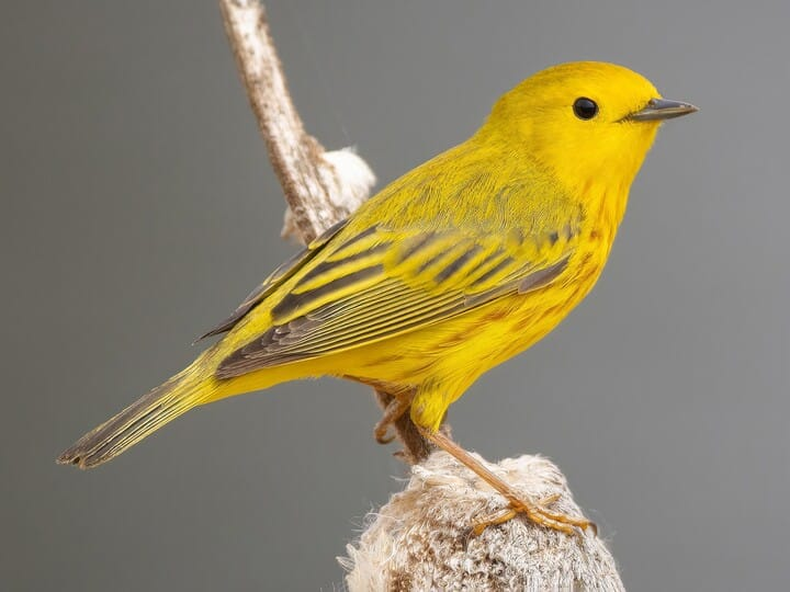 <p>northern yellow warbler </p><p>yellow all over except dark flight feathers <br>chestnut streak on breast </p>