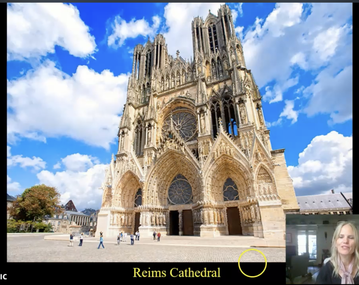 <p>Reims Cathedral</p><p>Gothic Features</p><ul><li><p>Typical <strong>Gothic cathedral</strong>:</p><ul><li><p>Pointed arches.</p></li><li><p>Rose windows.</p></li><li><p>Dissolving walls.</p></li><li><p>Soaring verticality.</p></li></ul></li><li><p>Sculpture concentrated around the <strong>portal</strong>.</p></li><li><p>Jamb statues replace the emphasis on the tympanum.</p></li></ul><p></p>
