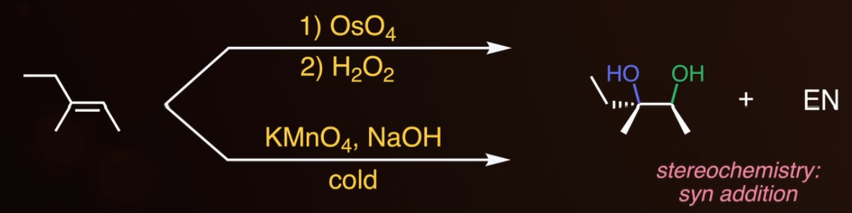<p><span style="background-color: transparent;">start with alkene, then use OsO<sub>4</sub> + H<sub>2</sub>O<sub>2</sub> as reagents or KMnO<sub>4</sub> + NaOH + cold as reagents, and 2x OH do syn addition with an enantiomer.</span></p>