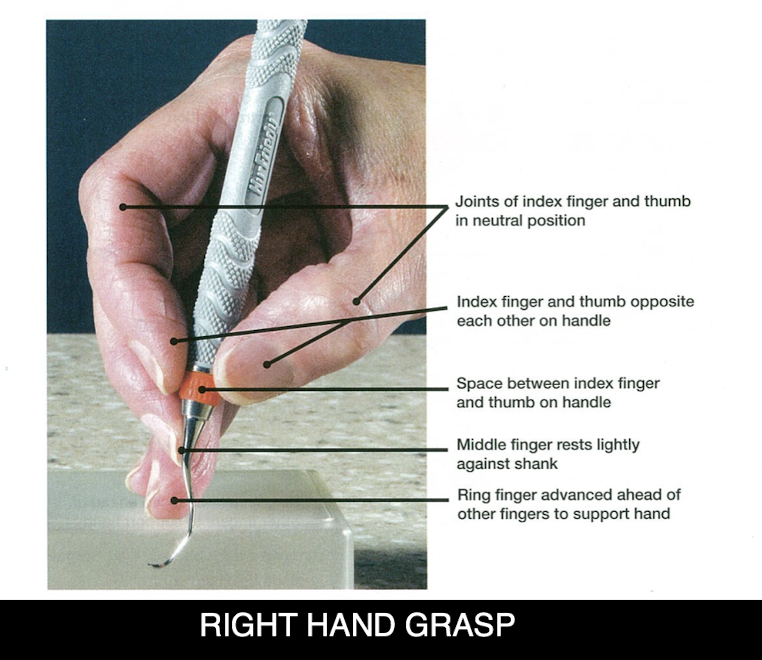 <p>Joints of the index finger and thumb are neutral; the index and thumb are opposite on the handle, and there is a space between them. </p><p>The middle finger rests lightly on the shank; the ring finger is ahead of the other fingers to support the hand on a fulcrum</p>