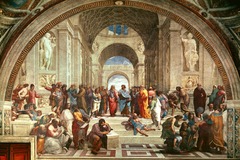 <p>Form:</p><p>-fresco</p><p>-spatial illusionism</p><p>-fluid/interlocking</p><p>-same style as Sistine figures</p><p>-roundalls</p><p>-barrel vaults</p><p>-coffers</p><p>Content:</p><p>-branches of knowledge under faith</p><p>-philosophy and science </p><p>-Plate: idealism (points up)</p><p>-Aristole: realism (points down)</p><p>-Raphael self portrait</p><p>-Michaelangel on block of marble</p><p>-poetry, imagination</p><p>-disputah: faith and reason</p><p>-heavenly court of prophets and saints</p><p>-Jesus in full body halo</p><p>-Stanza della Segnatura: room of signatures</p><p>-acorns: symbol of family</p><p>Function:</p><p>-expresses knowledge and faith</p><p>Context:</p><p>-artist: Raphael</p><p>High Renaissance 1509-11 Vatican Palace under Pope Julius II</p>