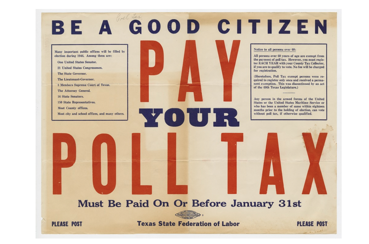 <p>How did Southern states prevent Black people from voting legally? <mark data-color="yellow" style="background-color: yellow; color: inherit;">Poll taxes</mark></p>