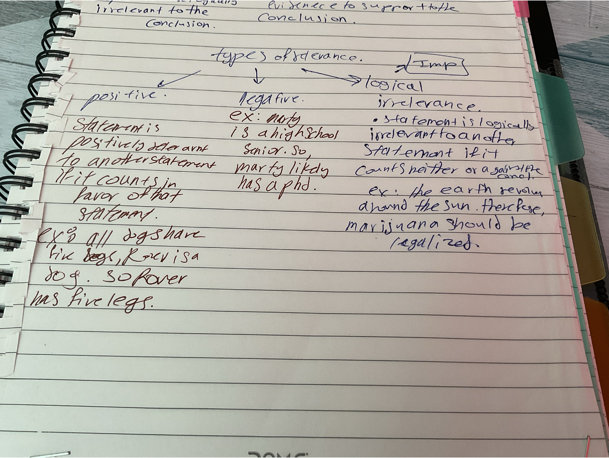 <p><span><strong>Positive relevance</strong>: Statement is positively relevant to another statement if it counts in favor of that statement.</span></p><p><span>•Example: All dogs have five legs. Rover is a dog. So Rover has five legs.</span></p><p style="text-align: left;"></p><p style="text-align: left;"><span><strong>Negative relevance</strong>: Statement that counts against another statement is said to be negatively relevant.</span></p><p><span>•Example: Marty is a high-school senior. So, Marty likely has a Ph.D.</span></p><p><span><strong>Logical irrelevance</strong>: Statement is logically irrelevant to another statement if it counts neither for nor against that statement.</span></p><p><span>•Example: The earth revolves around the sun. Therefore, marijuana should be legalized.</span></p>
