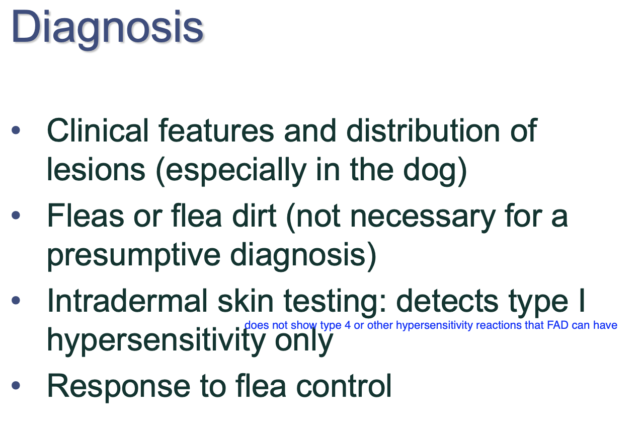 <p>Clinical features and distribution.</p><p>Fleas +/- flea dirt.</p><p>Response to flea control.</p><p>Intradermal skin testing: only for type 1 HS</p>