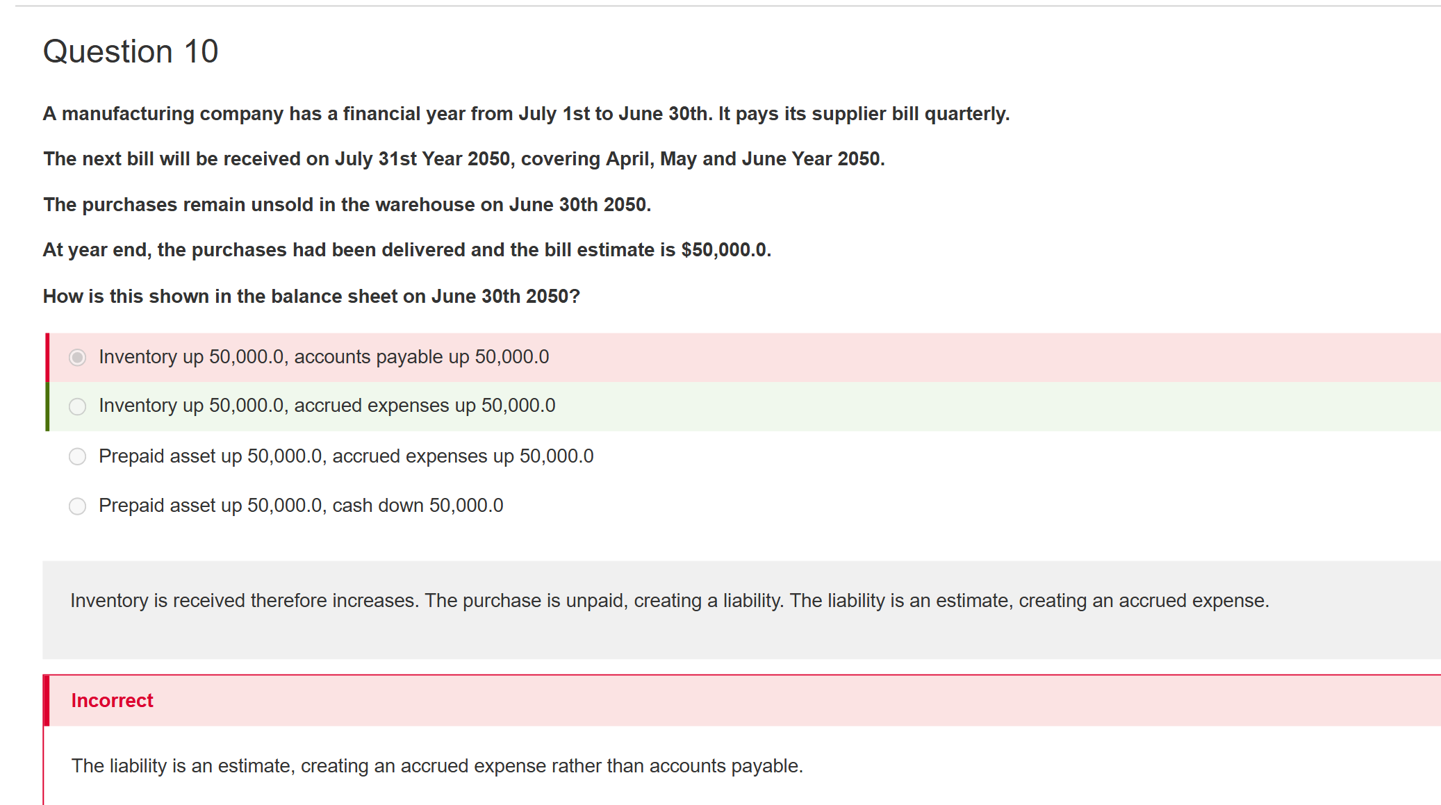 <ul><li><p>The goods have been <strong>delivered</strong>, so <strong>inventory increases</strong> by <strong>$50,000</strong>.</p></li><li><p>The supplier bill for that period has <strong>not yet been received</strong> at year-end, so the amount owed is not yet a formal trade payable.</p></li><li><p>Because the amount is <strong>estimated</strong> at year-end, the liability is recorded as an <strong>accrued expense</strong>, not <strong>accounts payable</strong>.</p></li></ul><p> Key distinction </p><ul><li><p><strong>Accounts payable</strong> = invoice received / amount specifically billed by supplier.</p></li><li><p><strong>Accrued expense</strong> = obligation exists, but the bill is not yet received, so it is estimated.</p></li></ul><p></p>