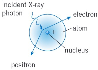 <p>An X-ray photon interacts with the nucleus of the atom. It disappears and the electromagnetic energy of the photon is used to create an electron and its antiparticle, a positron.</p>