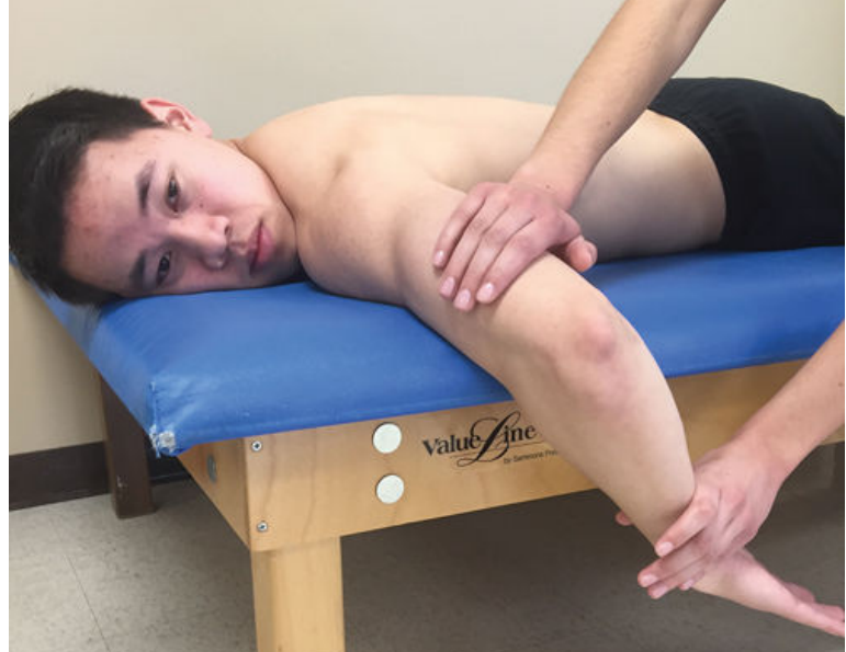 <p>prone, arm abducted 90 degrees and supported (+ towel if u want). elbow flexed to 90 degrees hanging over mat. one hand on front of forearm (push towards floor), one proximal to elbow</p><p>“lift the palm of your hand towards the ceiling”</p>