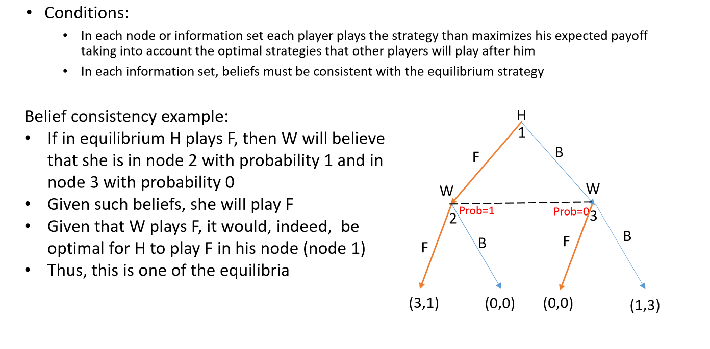 <p>2 Elements:</p><ol><li><p>Strategy for each player in each node of information sets where a move is made</p></li><li><p>Each information set has assigned probabilities for each node in the set</p></li></ol><p></p>
