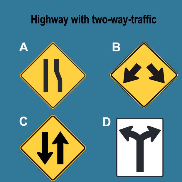 <p>56. A HIGHWAY WITH TWO-WAY TRAFFIC IS MARKED BY WHICH OF THESE SIGNS?</p>