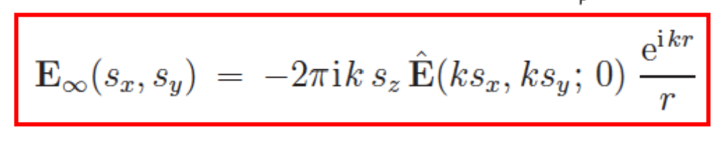 <ul><li><p>Use far field approximation in “reverse“</p><ul><li><p>The angular spectrum in the focal region is (proportional to) the real-</p><p>space field distribution far away (i.e., on the reference sphere)</p></li></ul></li><li><p>So, the crucial step is finding the real field on the reference sphere!</p></li></ul><p></p><p>Since every point on the reference sphere is the far field of the focus we can directly apply our formula:<br></p><p></p>