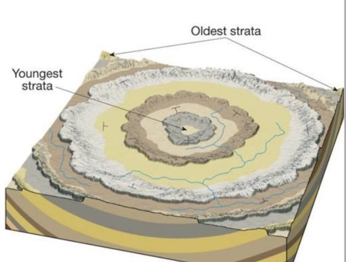 <p>circular structure with youngest rocks in center</p>