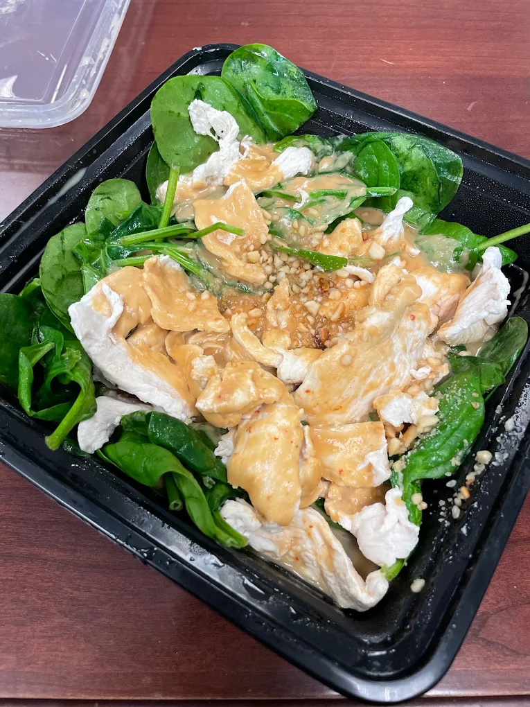 <p>Entree, peanut sauce + spinach, aka swimming rama</p>