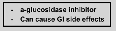 <p>inhibit intestinal absorption of glucose via alpha-glucosidase<br>oligosaccharides don’t turn into glucose and stay in intestine = GI upset</p>