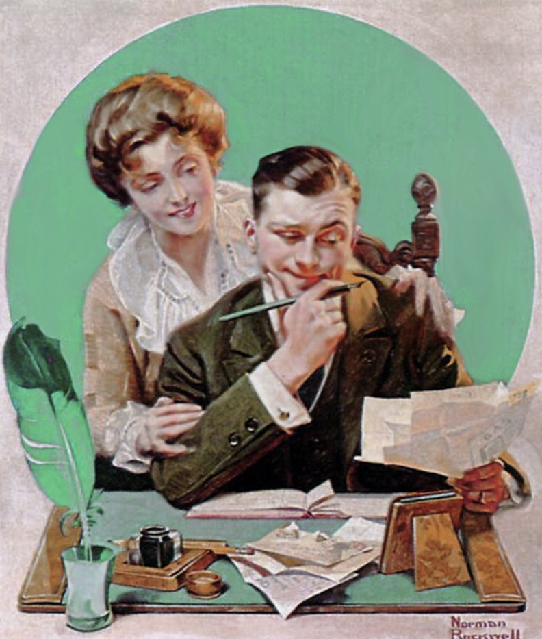 <ul><li><p>painted x4000 pictures, popular 1930’s- (late)60’sm had pictures on covers of magazines</p></li><li><p>portrays an “ideal family”, w/the man in positions of power/superiority, often the head of the family, whereas women pay a subservient role in “2nd place” to their husbands, reflecting the view of (at the time) American society in regards to gender</p></li><li><p>e.g. Paying Bills —> “breadwinner” husband, at center stage w/ “dependent” wife dutifully behind him</p></li></ul><p></p>