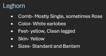 <p>Breed: Leghorn</p><p>Variety: White</p>