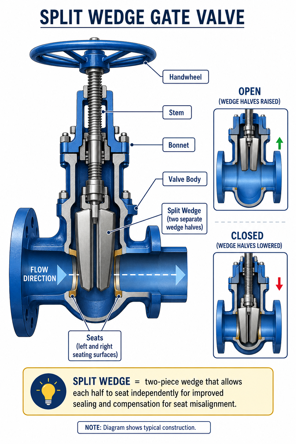 <p><strong><mark data-color="blue" style="background-color: blue; color: inherit;">CLOSURE ELEMENT: gate valve</mark></strong></p><p></p><p><strong><mark data-color="yellow" style="background-color: yellow; color: inherit;">Description</mark></strong></p><ul><li><p>Uses <strong>two separate wedge pieces</strong> instead of one solid wedge.</p></li><li><p>Allows each half to seat independently.</p></li></ul><p><strong><mark data-color="yellow" style="background-color: yellow; color: inherit;">Common Uses</mark></strong></p><ul><li><p>High-temperature service</p></li><li><p>Critical industrial applications</p></li></ul><p><strong><mark data-color="yellow" style="background-color: yellow; color: inherit;">Advantages</mark></strong></p><p><span data-name="check_mark_button" data-type="emoji">✅</span> Excellent sealing</p><p><span data-name="check_mark_button" data-type="emoji">✅</span> Handles seat misalignment well</p>