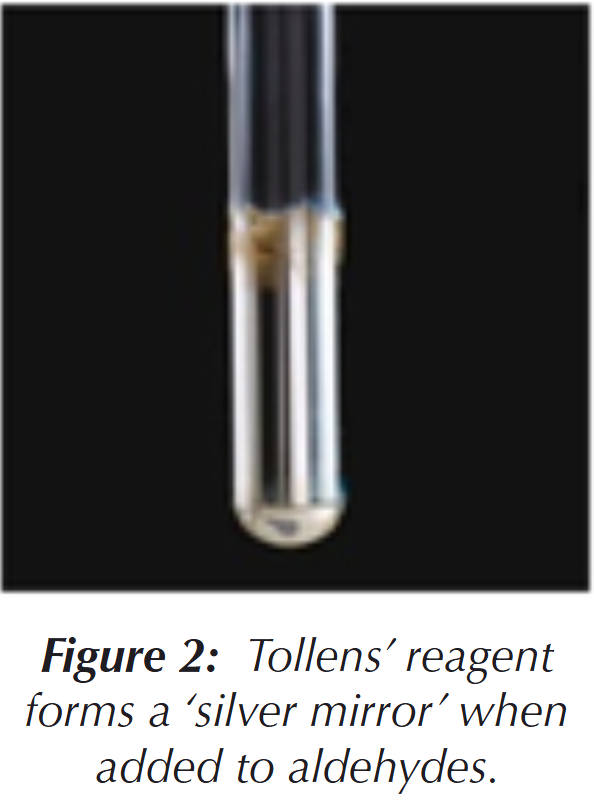 <p>Tollens’ reagent to test for aldehydes/ketones:</p><ul><li><p>silver mirror formed with aldehyde</p></li><li><p>no visible change with ketone </p></li></ul><p></p>