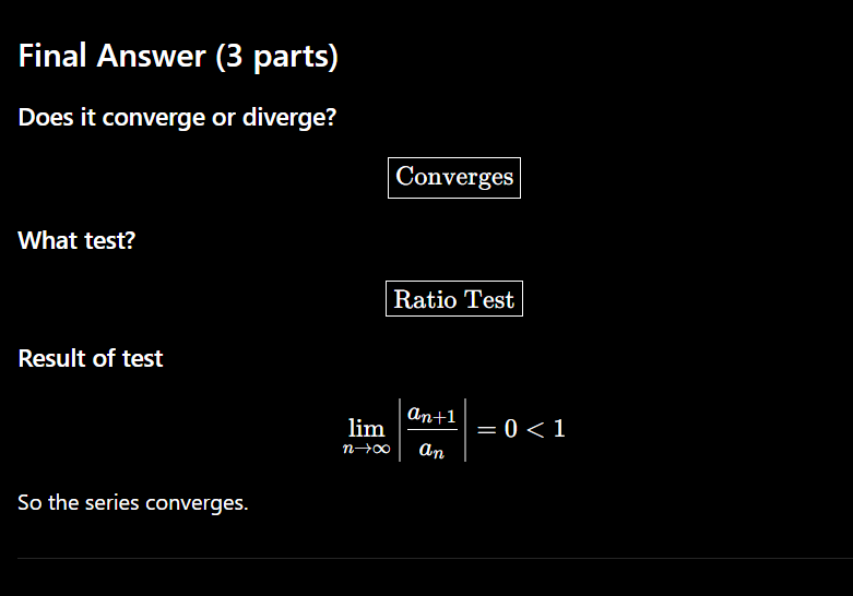 <p>exam3, REMINDBER THAT ITS ABSOULTLY CONVERGES FOR EVERYTHING BESIDES ALTERNATING SERIES TEST</p>