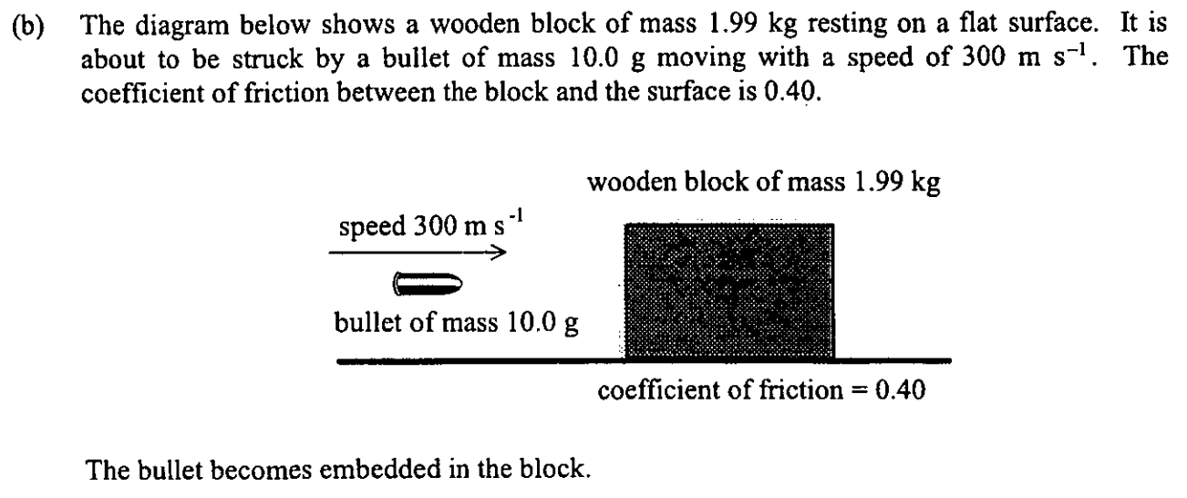 <p>i) Calculate the speed with which the block moves off after being struck by the bullet.</p><p>ii) Calculate the distance that the block moves along the table before coming to rest.</p>
