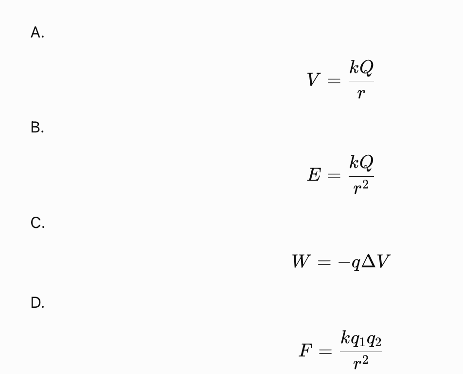 <p>Which equation should you use if a problem asks for the work done when moving a charge from one point to another?</p>