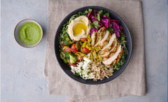<p>A light and refreshing greens and grains bowl. Your choice of organic chicken, GP's soccata, hummus, a blend of kale, brussels sprouts and cabbage with our quinoa and brown rice mix, cucumber, olive and tomato salad with pickled onions, feta, and a side of greek goddess dressing.</p><p>Protein Options: Organic Herb Marinated Chicken Breast, GP's Soccata, Pan-Seared Salmon ($4.95)</p><p>Sauce options: Greek Goddess Dressing (Rec), Herby Aioli, Salsa Verde, Extra Sauce $1.95</p><p>Modifications: No Quinoa and Brown Rice Blend• No Cucumber Olive Salad• No Pepperoncini• No Feta</p><p>Allergens: Dairy, Seeds, Soy, Sesame</p>