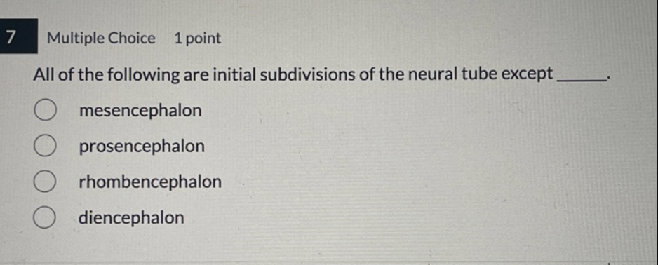<p>all of the following are initial subdivision of the neuronal tube except </p>