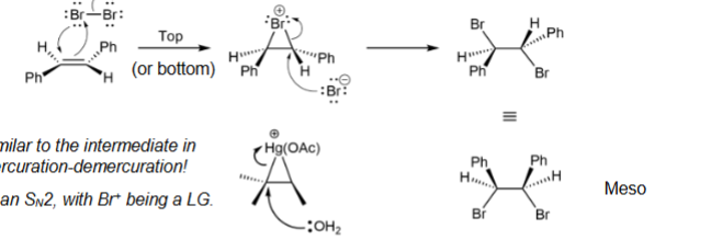 <p>anti-addition; similar to intermediate in oxymercuration-demercuration and S<sub>N</sub>2</p>
