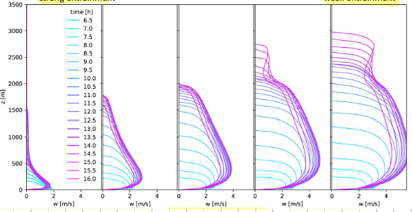 <p>left: strong entrainment</p><p>right: weak entrainment</p><p>with sufficient entrainment condensation height is never reached</p><p>for weak entrainment condensation height is reached → release of latent heat leads to second acceleration above cloud base</p>