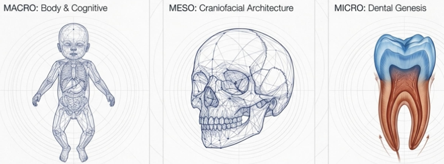<p>the first 3 years of human life represent the most dramatic biological remodelling an individual will ever undergo</p><p>this atlas examines that transformation by zooming inward; from staggering mathematics of whole-body growth into the intricate assembly of the face and finally down to the precise cellular choreography of tooth formation</p><p>by the end of year 2, there is 75% adult brain capacity and the brain achieves three-quarters of its adult weight</p><p>macro → body & cognitive</p><p>meso → craniofacial architectures</p><p>micro → dental genesis</p>