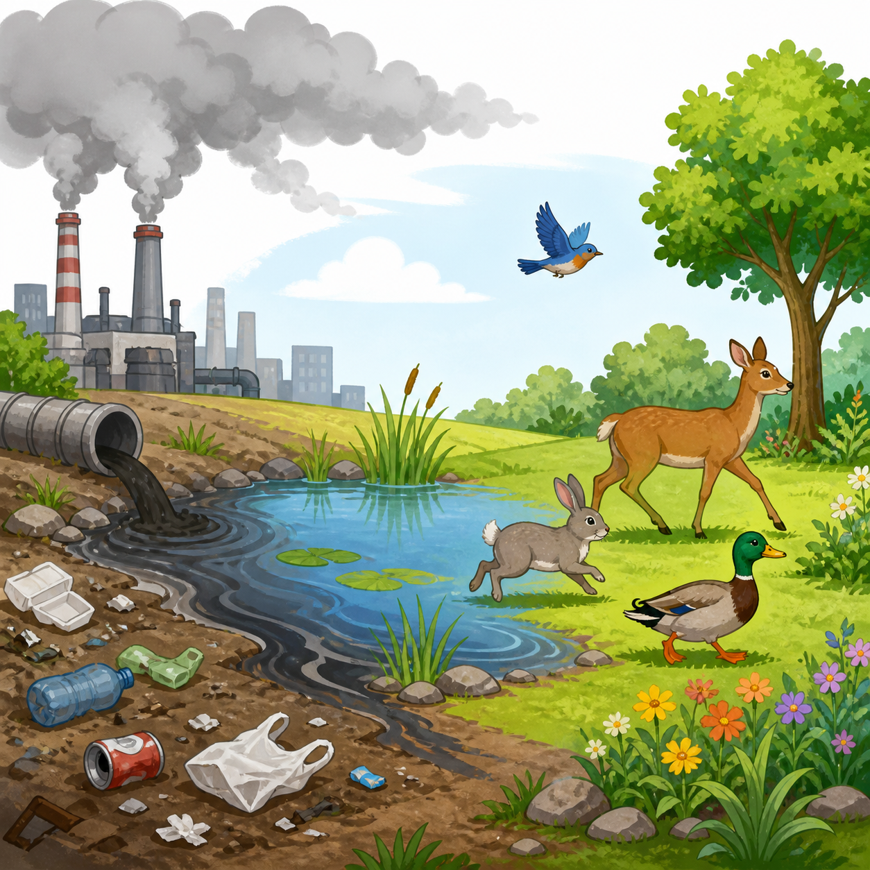 <p>Harmful materials that damage the quality of the water, soil, or air.</p>