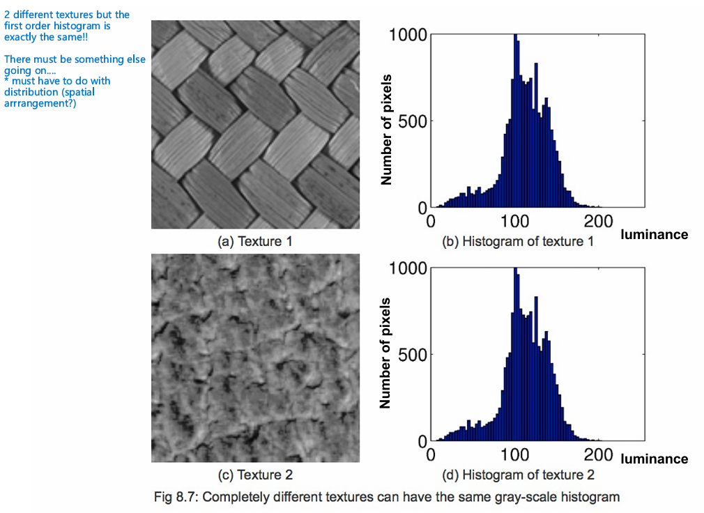 <p>quantifies how commonly pixels of various grey levels (luminances) occur in an image</p><ul><li><p>does not tell you where the pixels are in space </p></li><li><p>image: two completely different textures that have the same first order histogram</p></li><li><p>differences in first order pixel statistics are not necessary for texture segmentation. </p></li></ul><p></p>