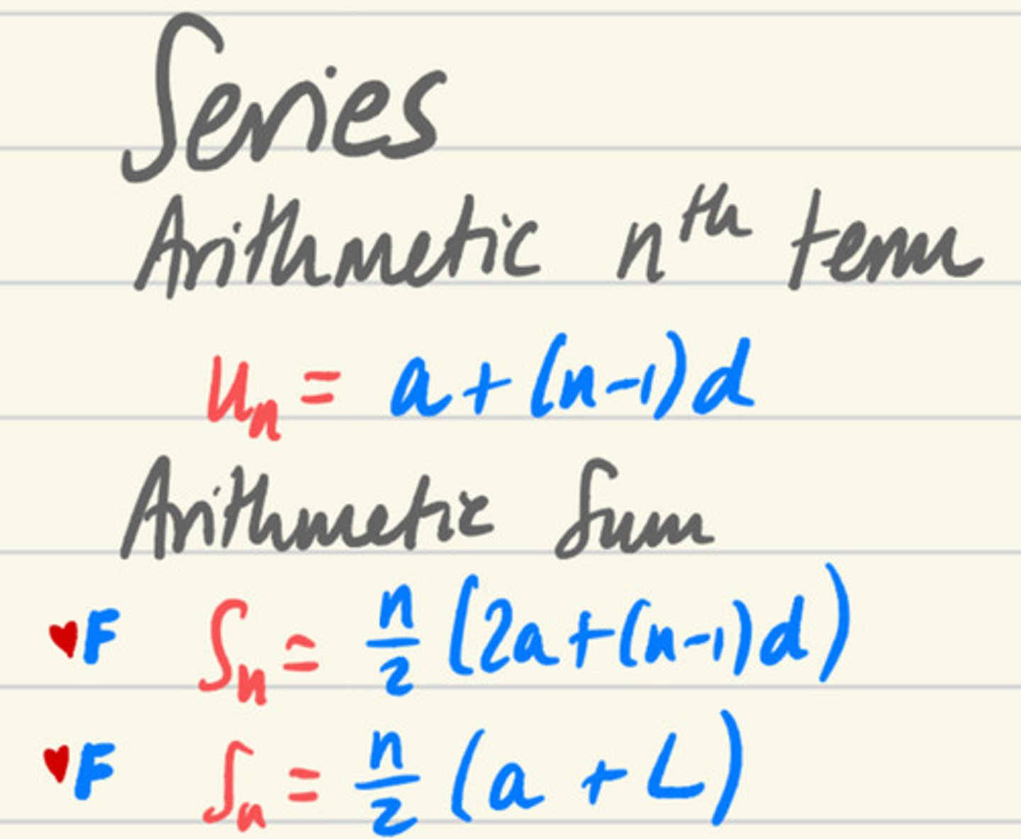 <p>Sn=n/2(a1+an) or Sn=n/2(2a1+(n-1)d)</p>