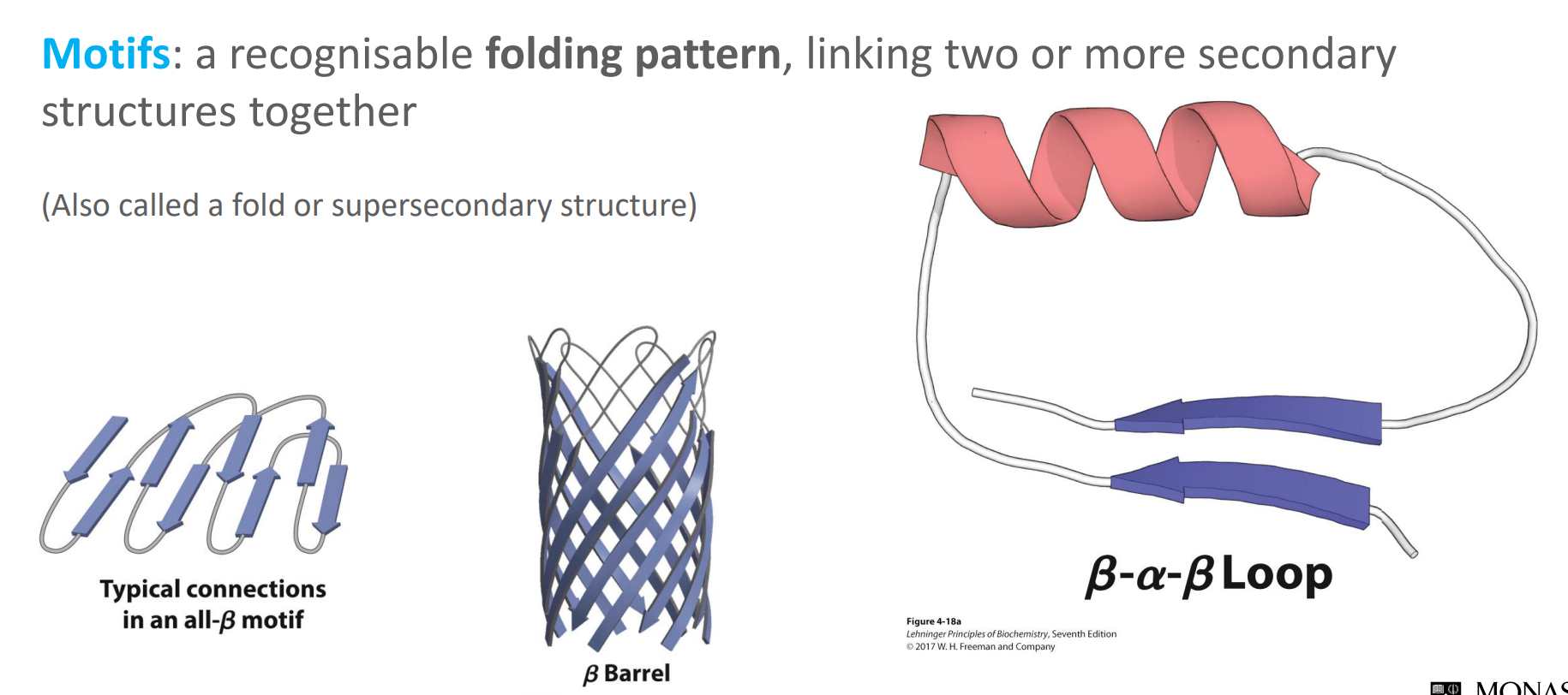 <ul><li><p>They are a recognisable folding pattern, linking two or more secondary structures together</p></li><li><p>Also called a fold or supersecondary structure</p></li></ul><p></p>