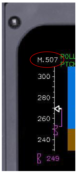 <p><span style="background-color: transparent;">It shows the aircraft’s <strong>Mach number</strong> on the PFD. It appears when the aircraft goes above <strong>0.45 Mach</strong> and disappears below <strong>0.40 Mach</strong>.</span></p>