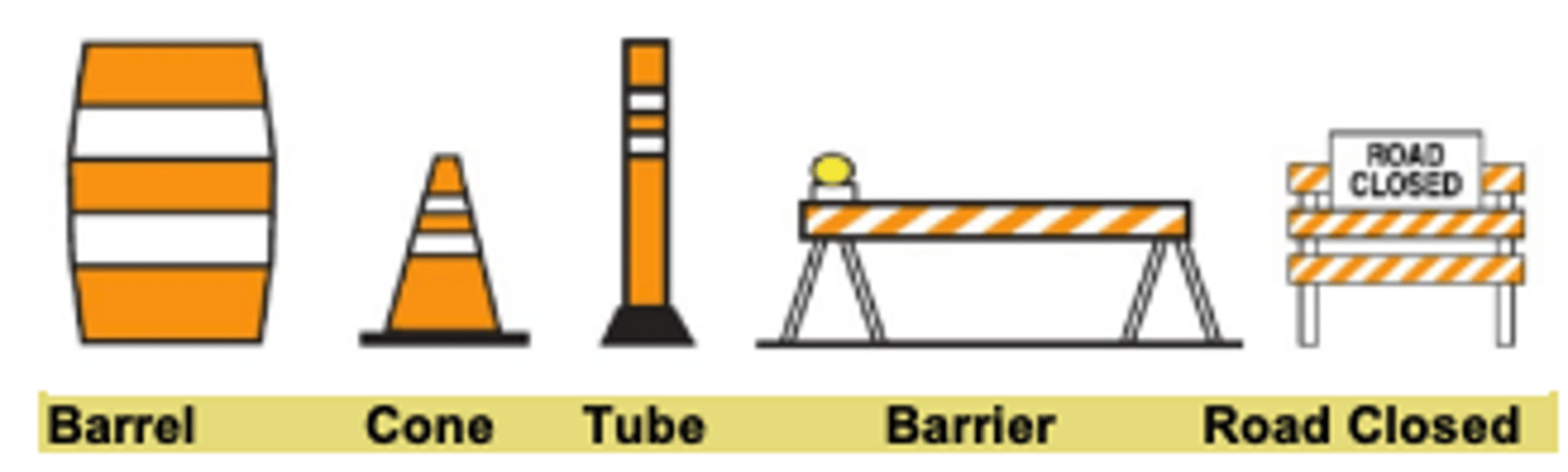 <p>barrel, cone, tube, barrier and road closed sign</p>
