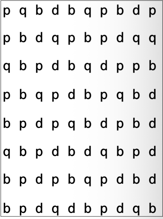 <ul><li><p><span>Consider the vertical line of the letter as your midline</span></p></li><li><p class="p1"><span>Where the "loop" of the letter is positioned designates which body part you are going to move</span></p></li><li><p class="p1"><span>Top loops are upper extremities, bottom loops are lower extremities</span></p><ul><li><p class="p2"><span>p = Right hand</span></p></li><li><p class="p2"><span>q = Left hand</span></p></li><li><p class="p2"><span>b = Right foot</span></p></li><li><p class="p2"><span>d = Left foot</span></p></li></ul></li></ul><p></p>