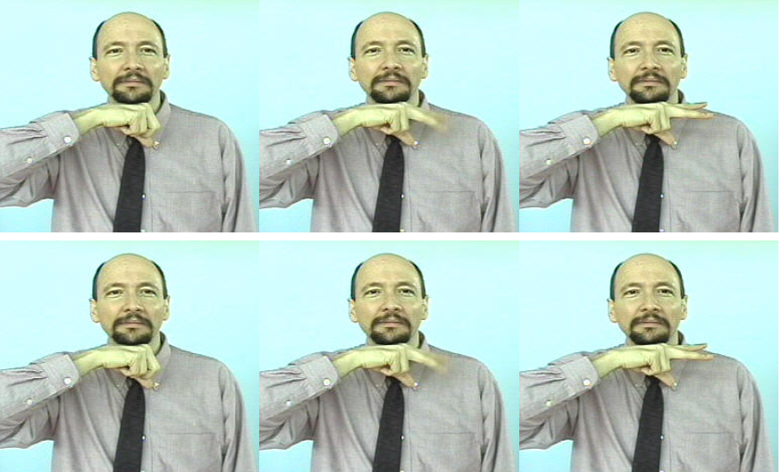 <p><span>To do the sign for "frog," hold an "S"-hand (or a modified "S" hand) below your chin. Flick the index and middle fingers into a "V" hand. Repeat.</span></p>